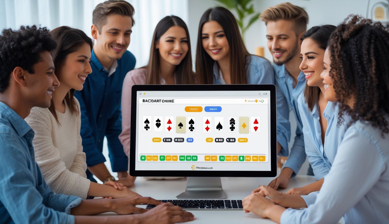 Beberapa orang muda sedang menggunakan komputer dengan tampilan permainan baccarat online di ruangan terang dan nyaman.