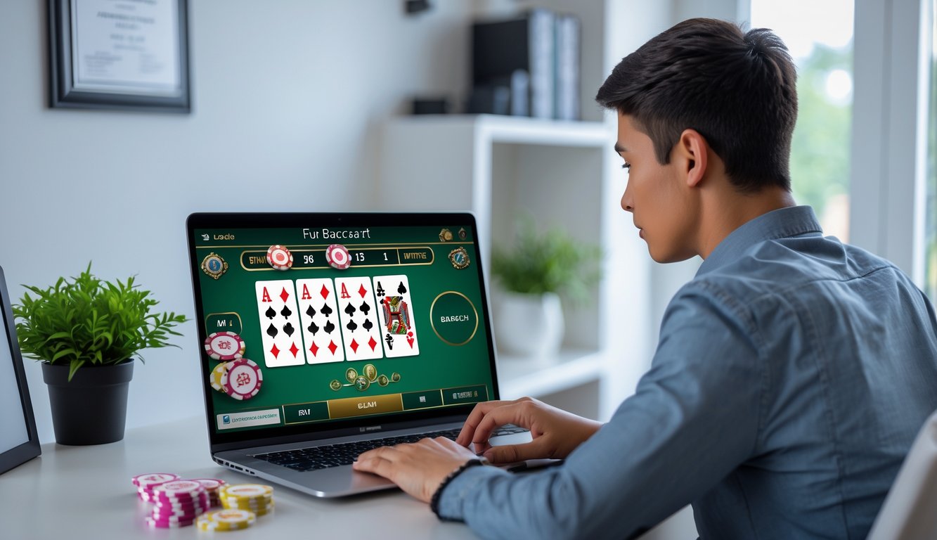 Seorang pemula bermain baccarat online di laptop di ruang kerja rumah yang rapi dengan suasana tenang dan profesional.
