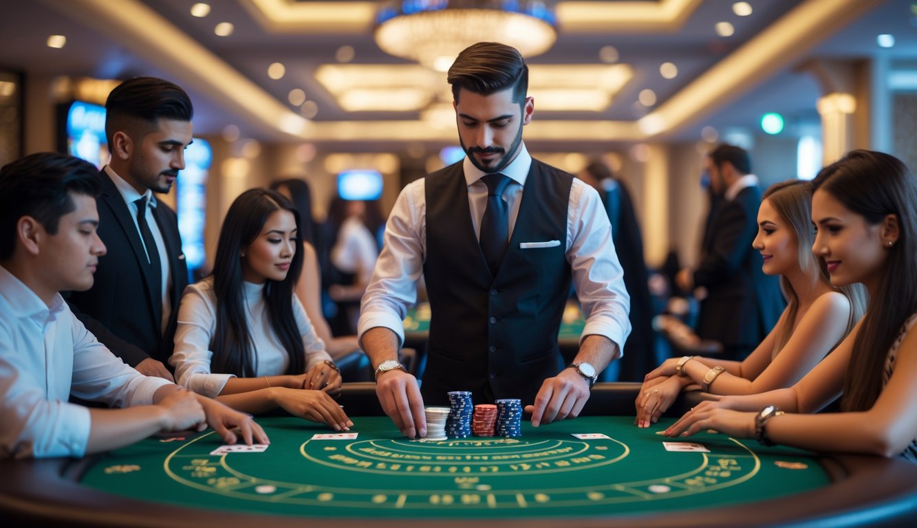 Seorang dealer kartu baccarat yang berpakaian rapi sedang membagikan kartu di meja hijau dengan beberapa pemain yang terlihat fokus dan serius di latar belakang kasino mewah.