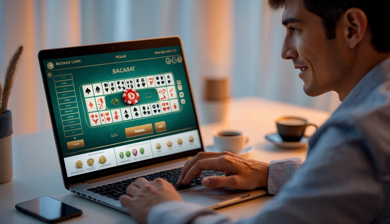 Seseorang sedang menggunakan laptop dengan tampilan permainan baccarat online di layar dalam suasana ruangan yang nyaman.