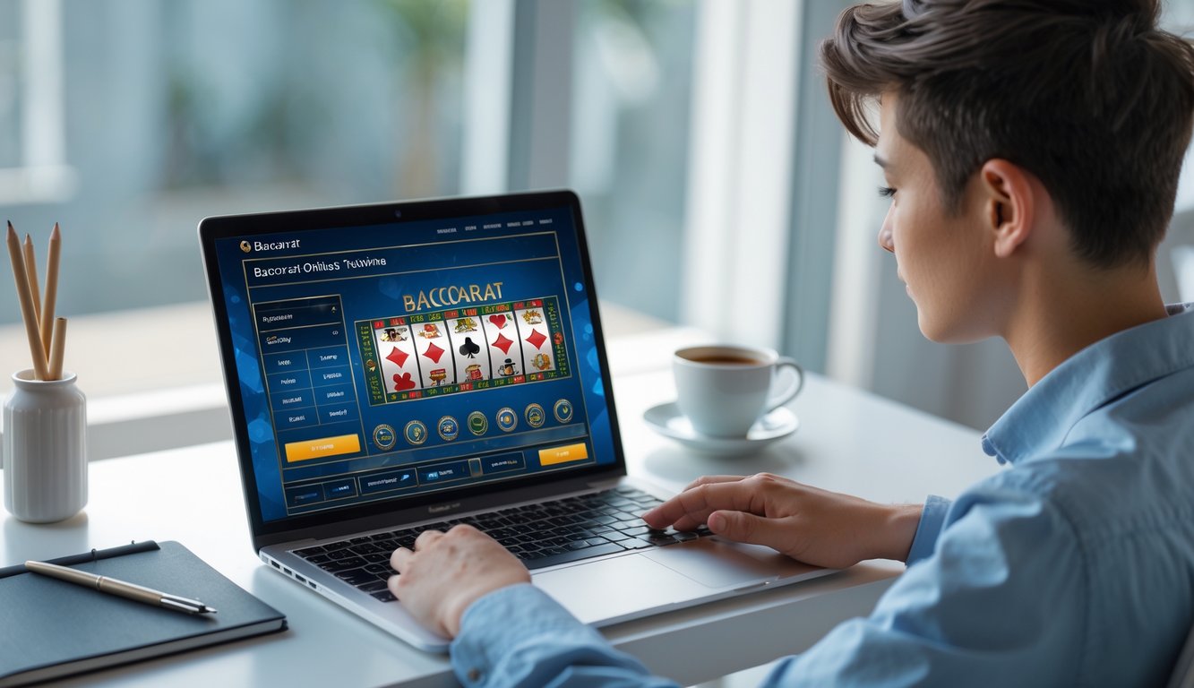Seorang pemula sedang belajar bermain baccarat online di depan laptop di meja kerja yang rapi dan terang.