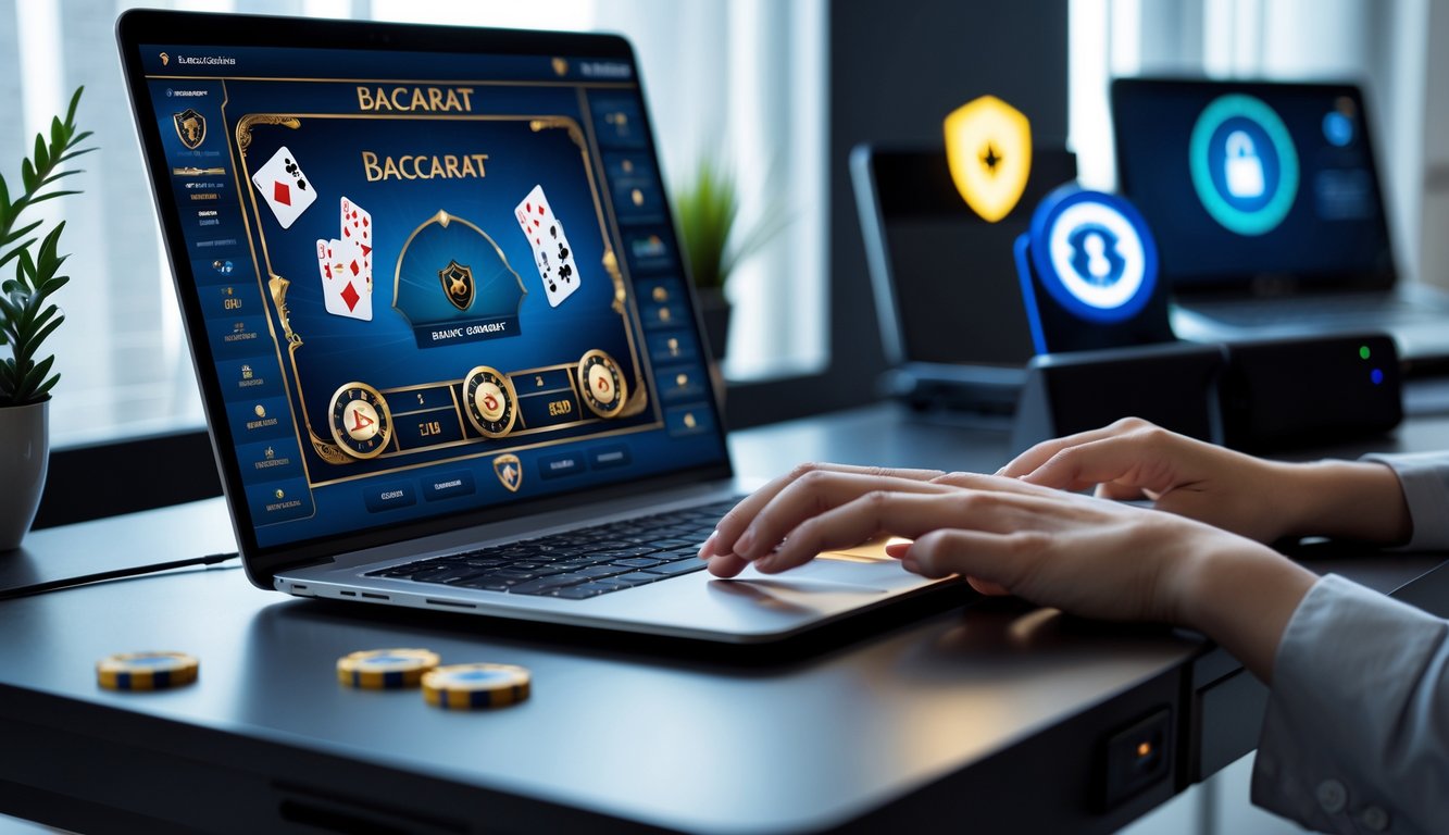 Seseorang bermain baccarat online di laptop dengan tampilan kartu dan chip, di meja yang rapi dengan simbol keamanan di latar belakang.