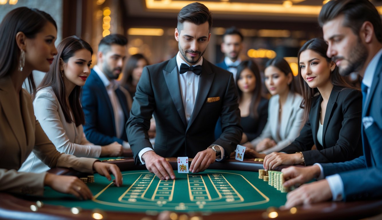Seorang dealer dan beberapa pemain duduk mengelilingi meja baccarat di kasino yang elegan dan profesional.