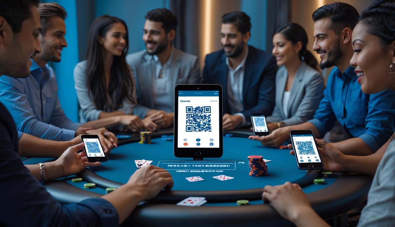 Sekelompok orang bermain poker dengan perangkat digital menampilkan kode QR untuk pembayaran di sebuah ruangan modern.