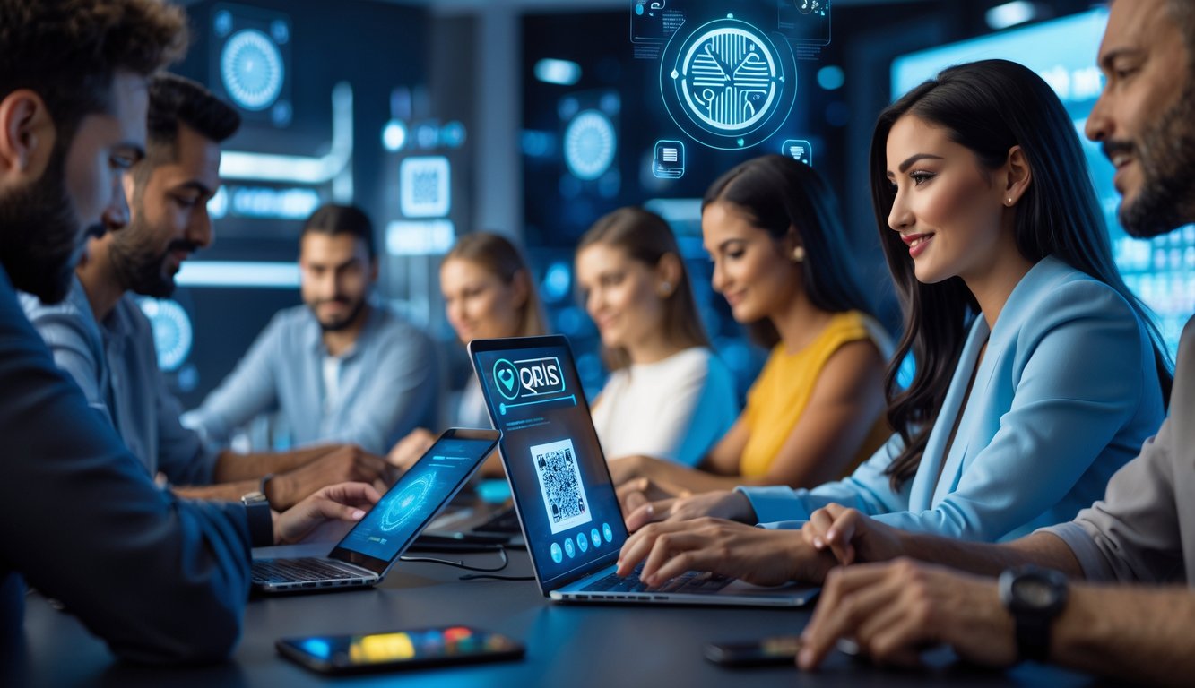 Sekelompok orang bermain poker online menggunakan laptop dan ponsel dengan suasana modern yang menunjukkan transaksi pembayaran digital menggunakan QRIS.
