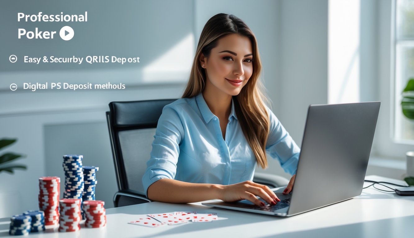 Seorang wanita muda duduk di meja modern sambil bermain poker online di laptop, dengan suasana ruangan yang terang dan rapi.