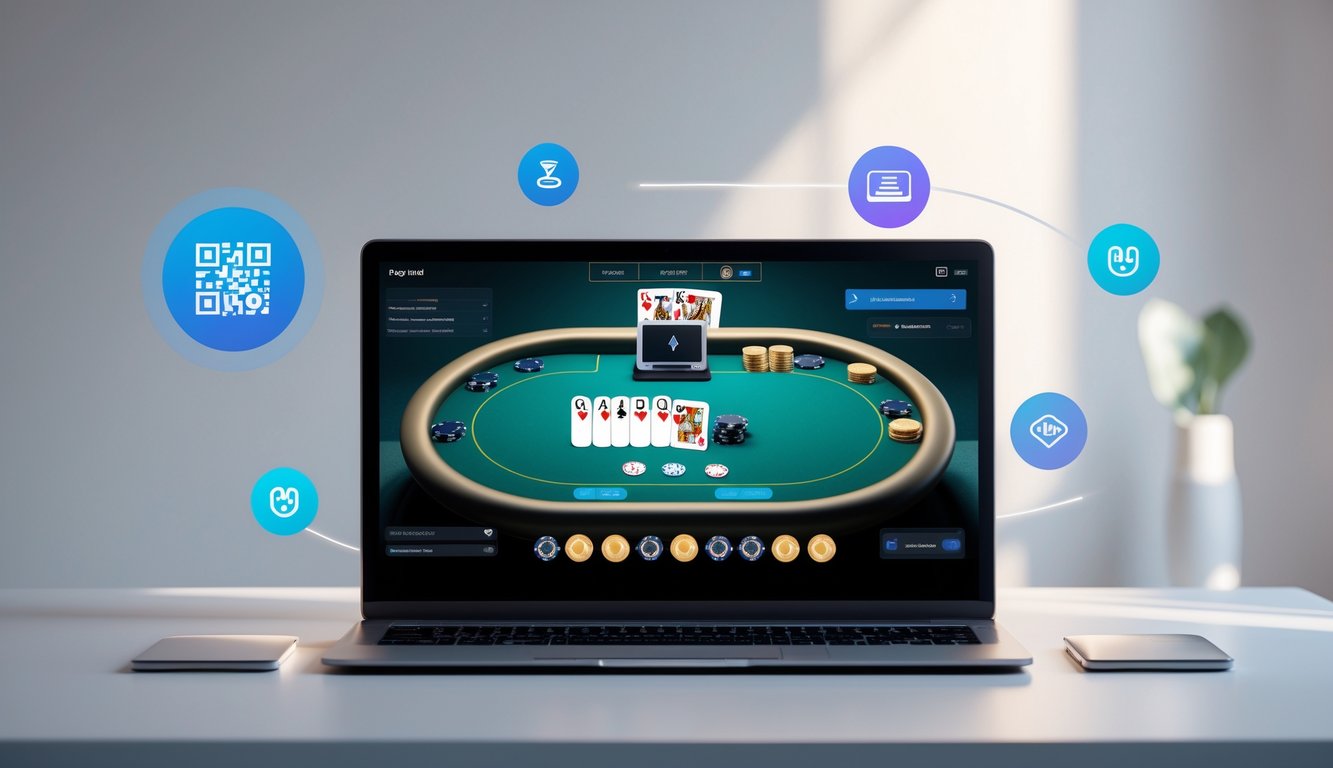 Seorang pemain menggunakan komputer untuk bermain poker online dengan tampilan kartu dan chip di layar serta ikon kode QR di sekitarnya.