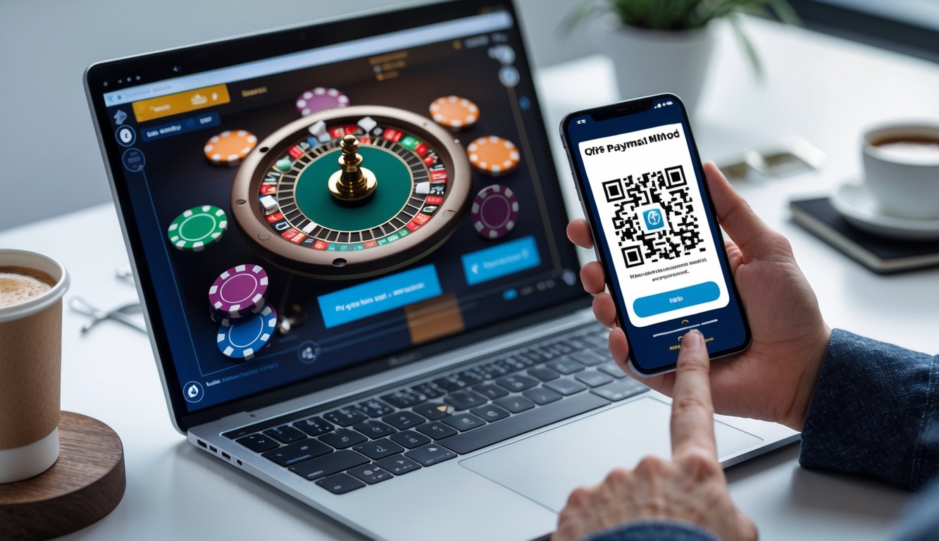 Seseorang menggunakan ponsel dengan kode QRIS di layar sambil bermain poker online di laptop.