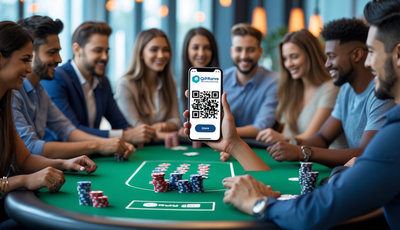 Beberapa orang bermain poker online di meja dengan kartu dan chip, menggunakan ponsel yang menampilkan kode QR untuk pembayaran QRIS.