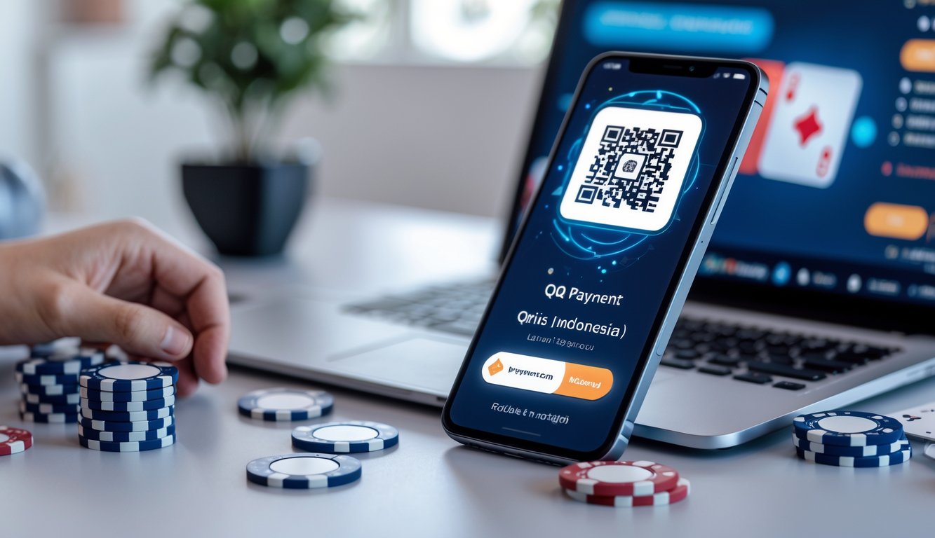 Sebuah ponsel menampilkan kode QR pembayaran digital dengan chip poker dan kartu bermain di meja kerja yang bersih.