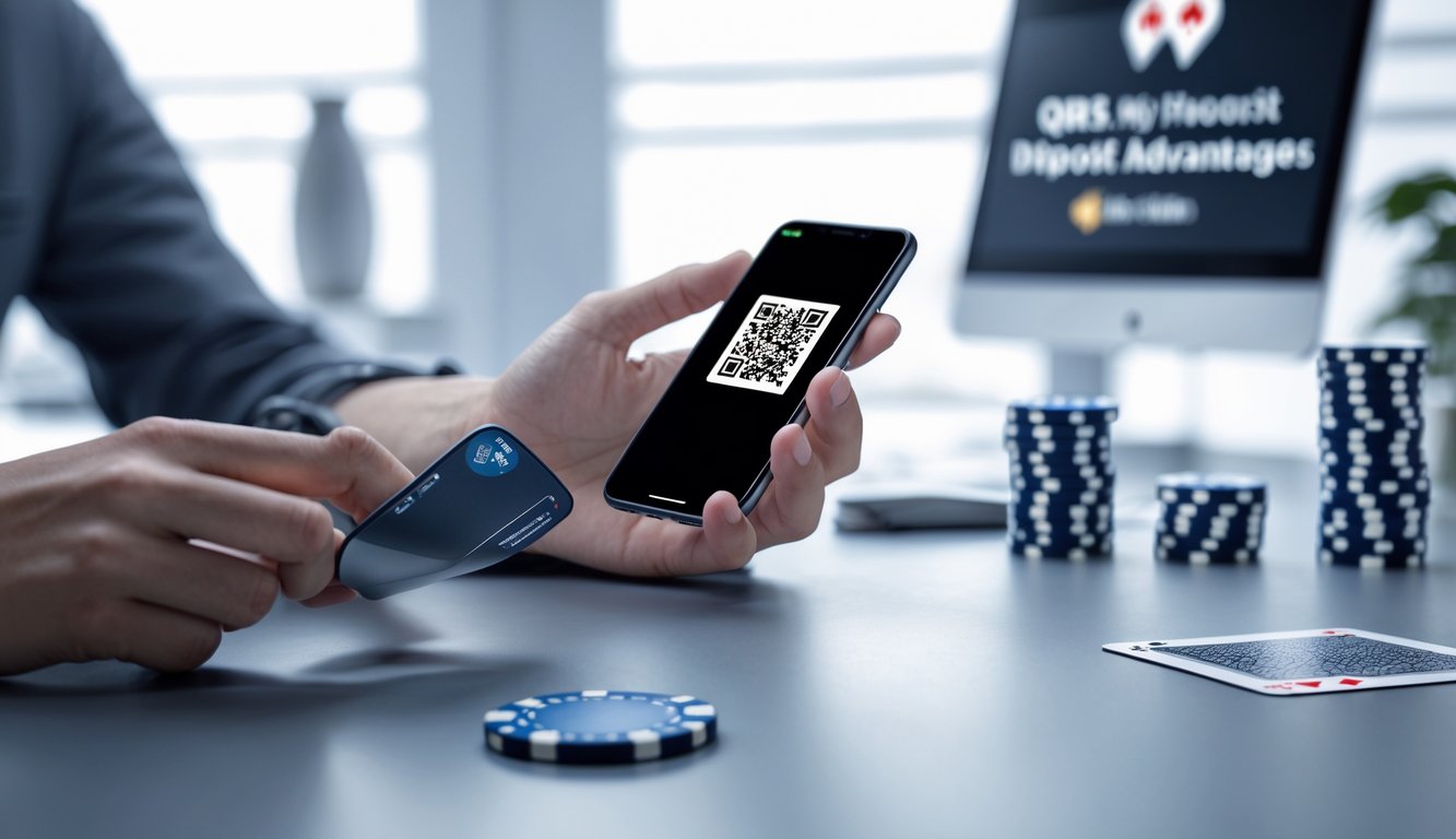 Tangan seseorang memegang ponsel dengan kode QR di layar, di latar belakang terdapat chip poker dan kartu bermain yang samar.