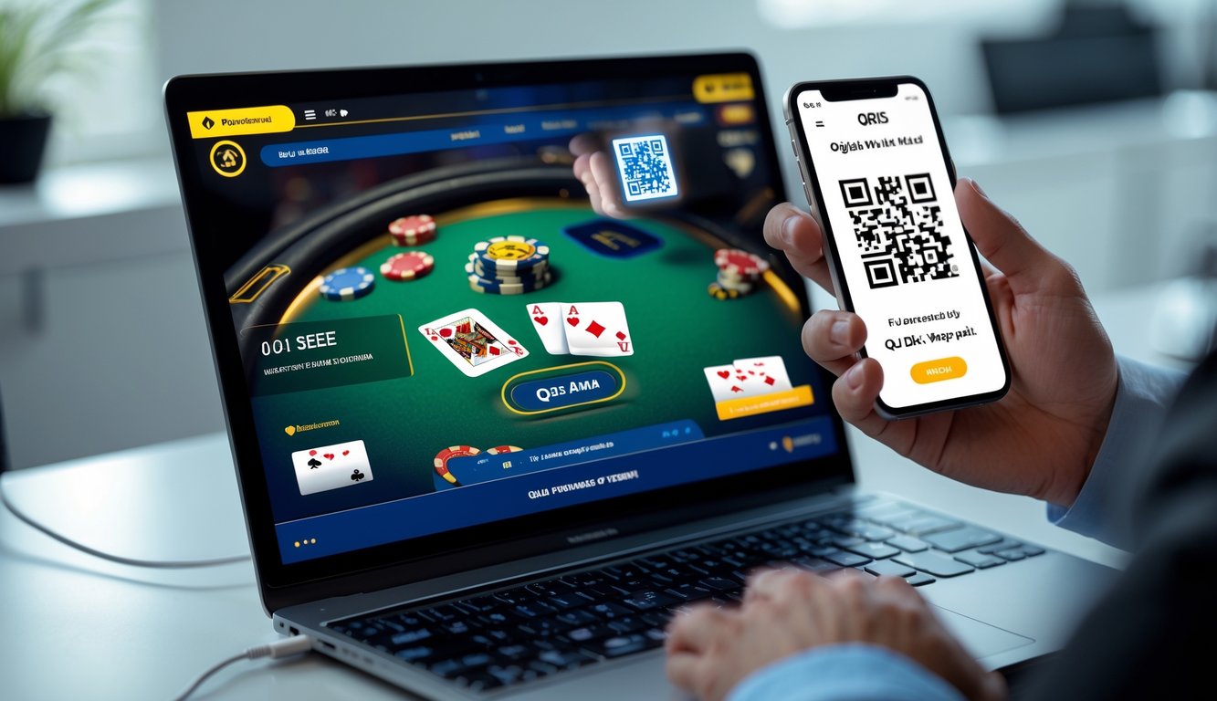 Seseorang menggunakan laptop dan ponsel untuk bermain poker online dengan metode pembayaran QRIS.