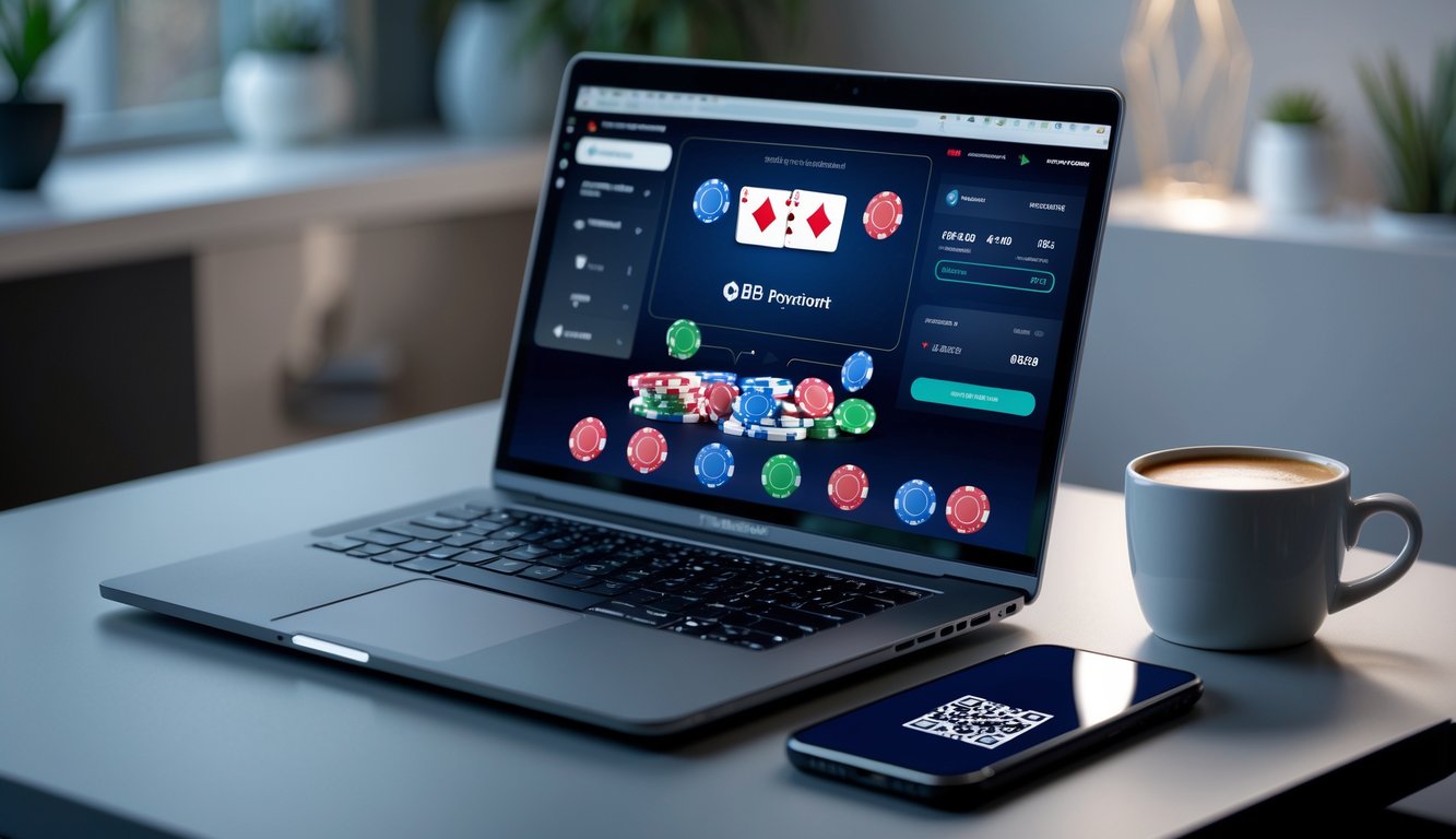Seseorang bermain poker online di laptop dengan ponsel menampilkan kode QR di meja kerja yang rapi.