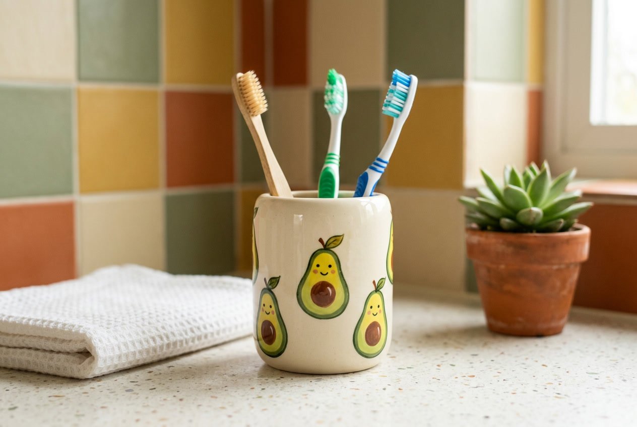 Ceramic toothbrush holder with avocado design on a bathroom countertop next to a towel and a small plant.