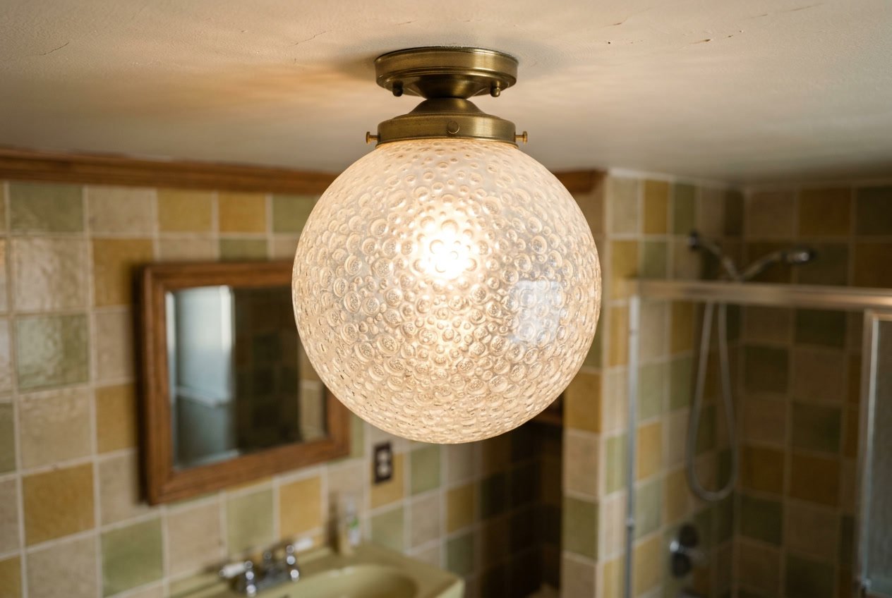 Close-up of a round bubble glass ceiling light fixture glowing softly in a bathroom ceiling.