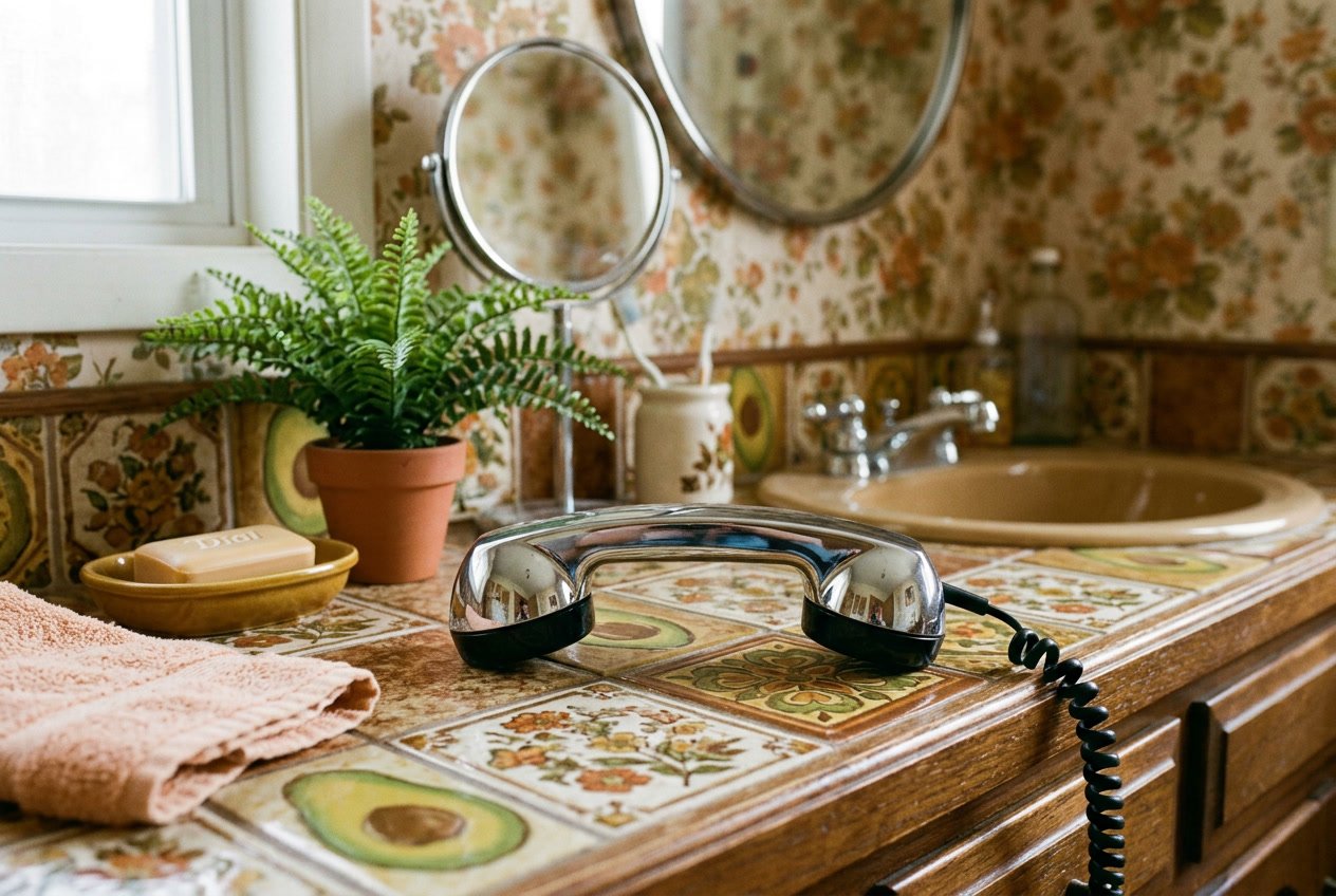 Chrome-plated telephone handset placed on a vintage bathroom vanity with patterned tiles and bathroom accessories.