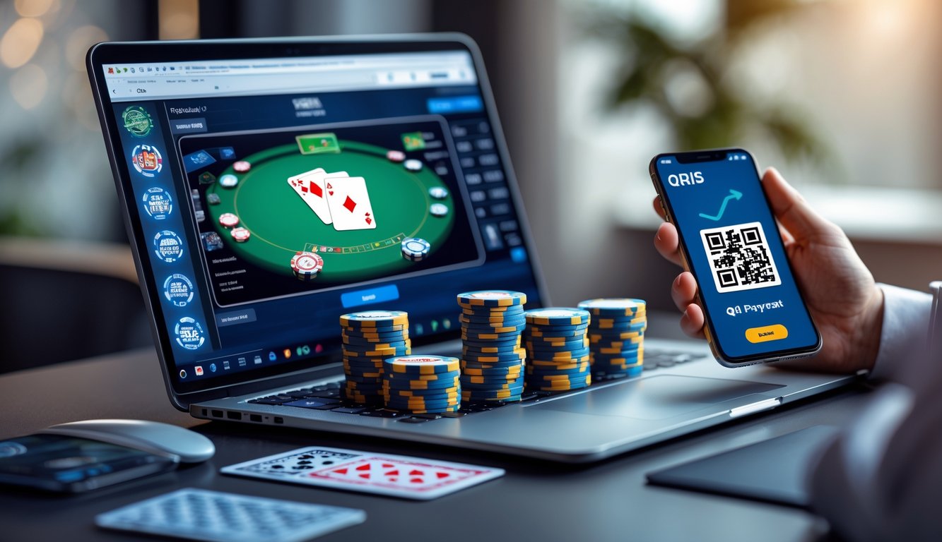 Meja kerja dengan laptop menampilkan permainan poker online, chip poker, dan ponsel yang menampilkan kode QR untuk pembayaran QRIS.