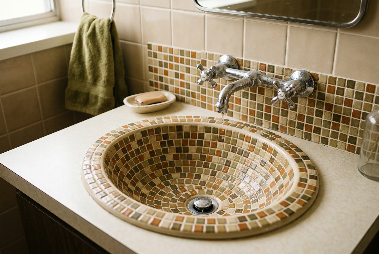 Close-up of a mosaic sink basin with earth-toned tiles and a chrome faucet in a bathroom setting.