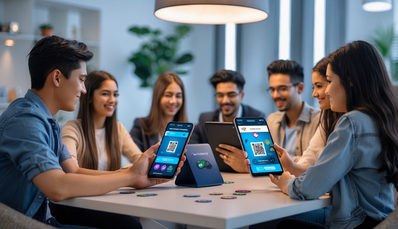 Sekelompok orang muda menggunakan ponsel dan tablet untuk bermain poker online dan melakukan pembayaran dengan kode QR di ruangan modern.
