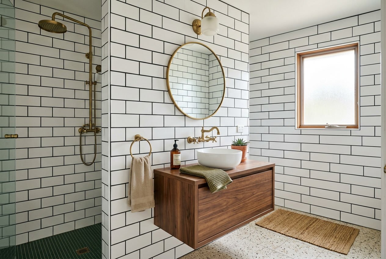 Close-up of a white subway tile bathroom wall with large black grout lines, showing a clean and well-lit tiled surface.