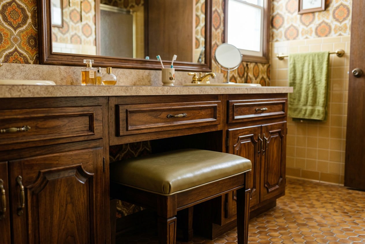 A dark wooden built-in vanity stool with a vinyl seat in a bathroom setting.