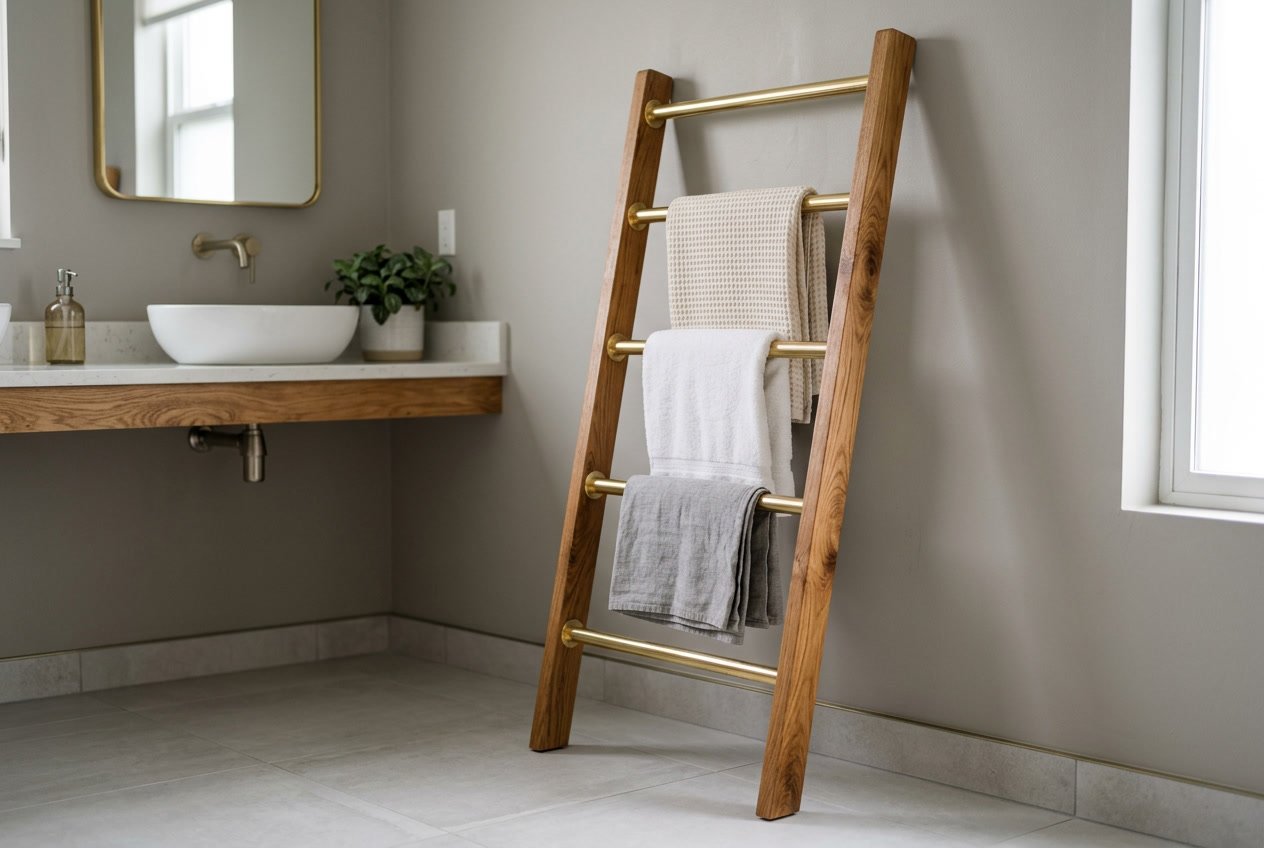 A towel ladder made of brass and wood leaning against a bathroom wall with towels hanging on it.