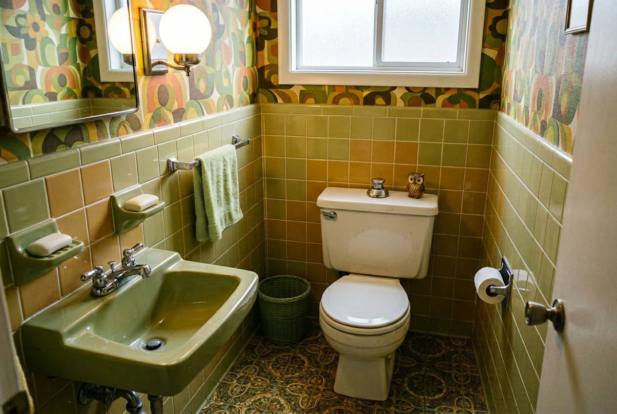 A bathroom with a white push-button toilet, green and gold tiled walls, a small sink, and patterned wallpaper.