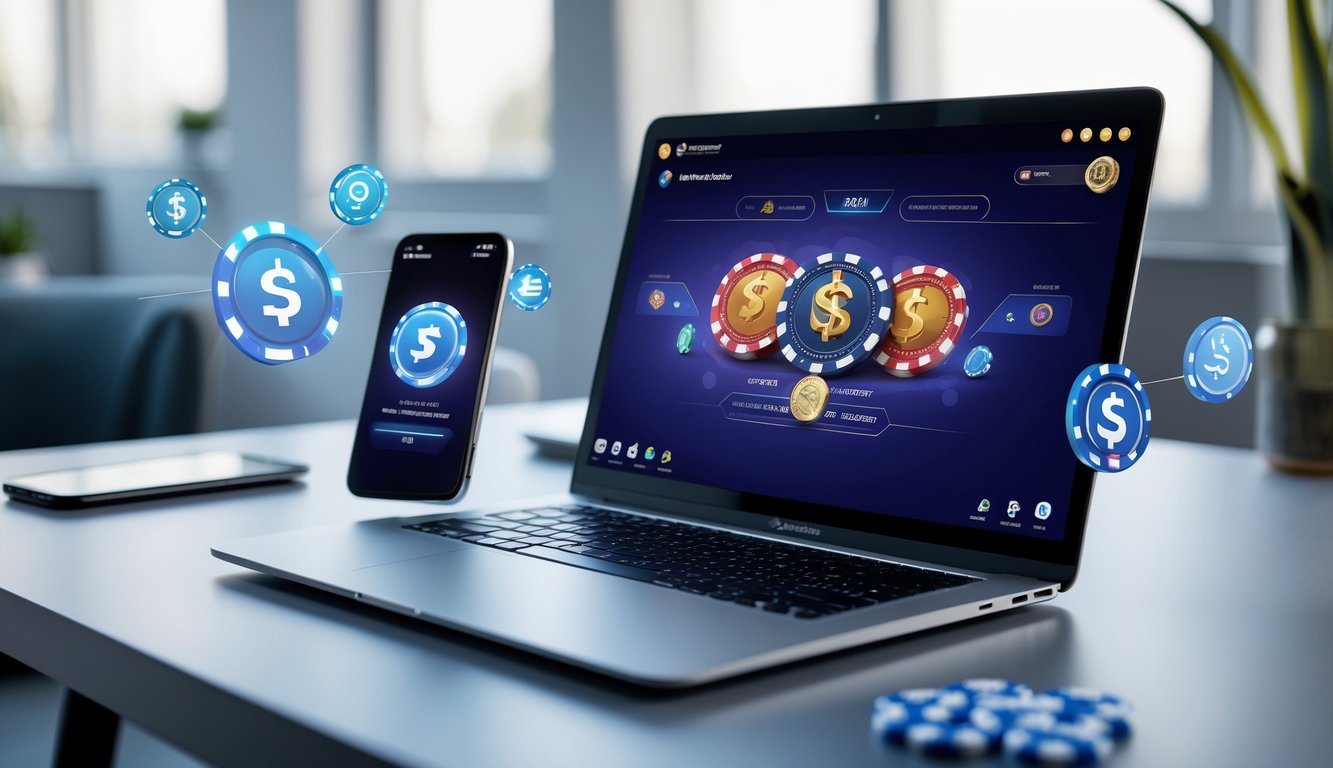 Seorang pemain poker online menggunakan laptop dengan layar menampilkan permainan poker, di sampingnya terlihat ponsel dengan kode QR untuk deposit cepat.