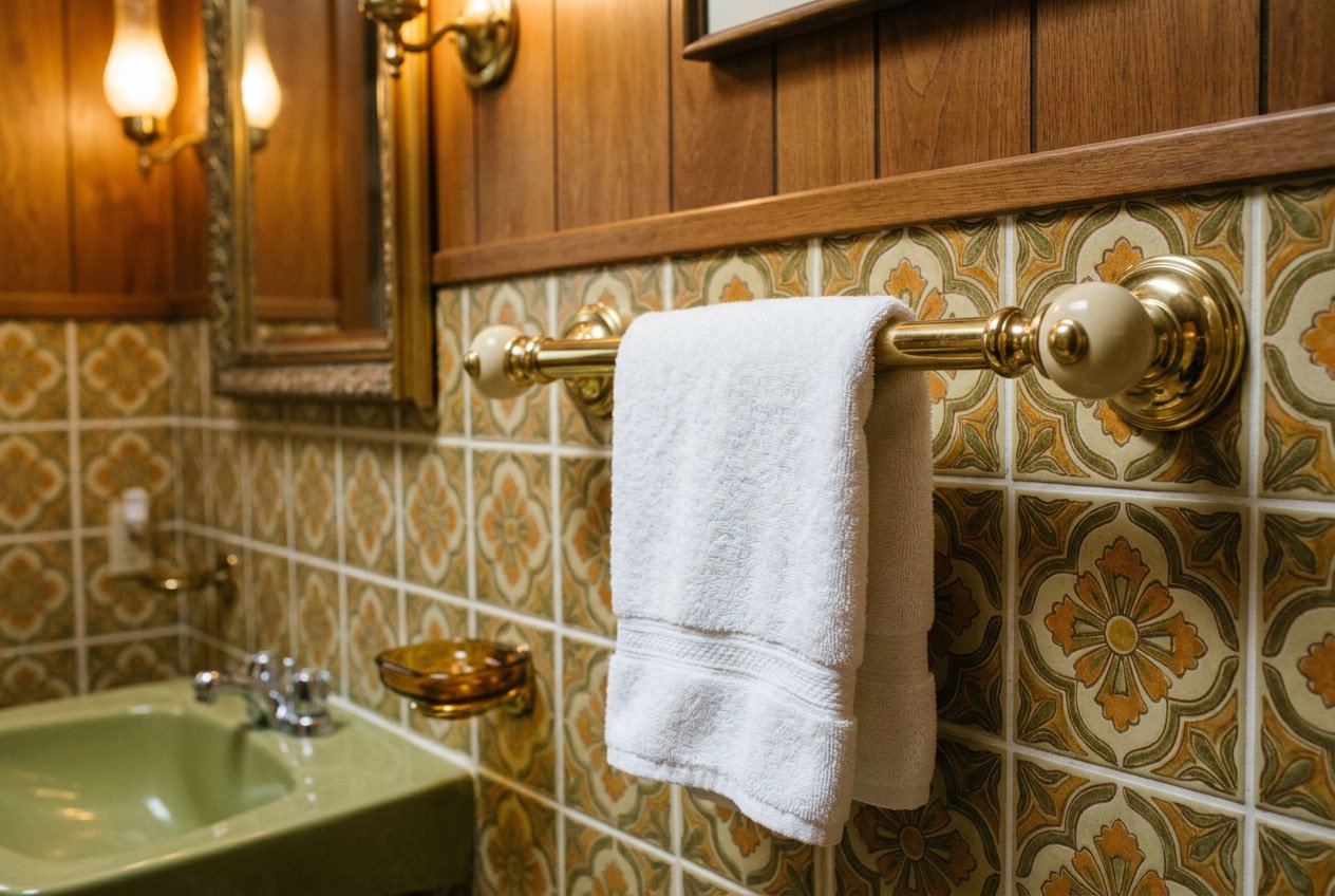 Close-up of a brass towel rail with ceramic finials mounted on a bathroom wall, holding a folded white towel.