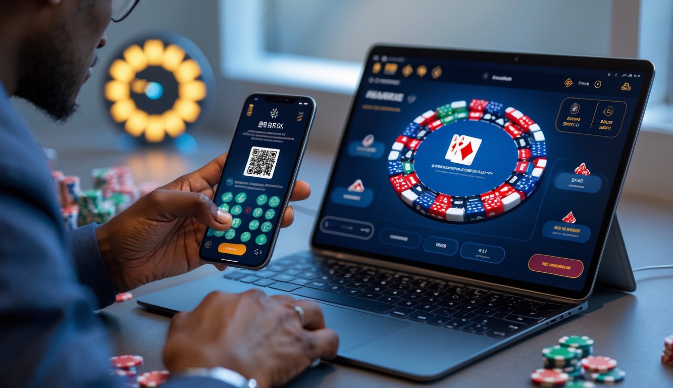Seorang pemain menggunakan laptop dan ponsel untuk bermain poker online dengan fitur deposit QRIS.