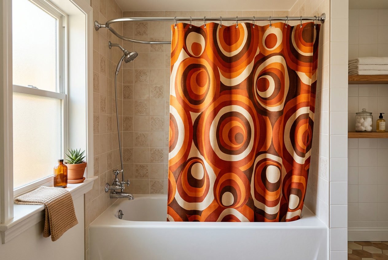 Bathroom interior with a shower curtain featuring orange and brown concentric circles hanging above a white bathtub.