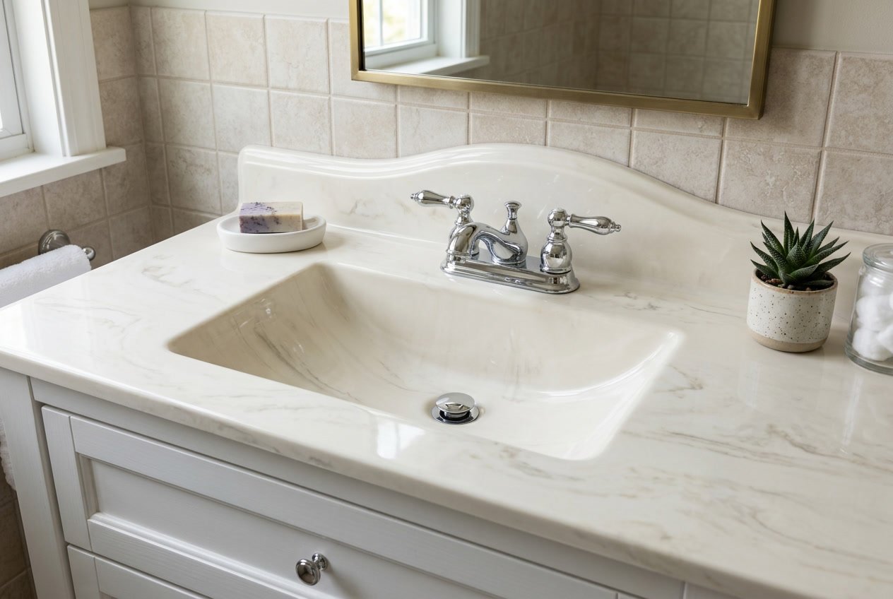 A cultured marble vanity sink with a molded backsplash in a clean bathroom setting.