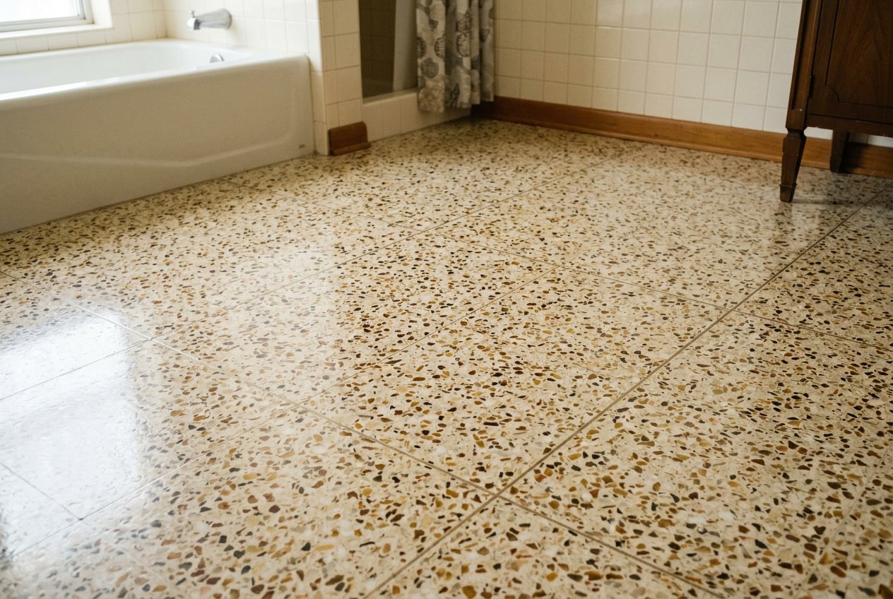 Close-up view of bathroom floor tiles with brown and gold flecks.
