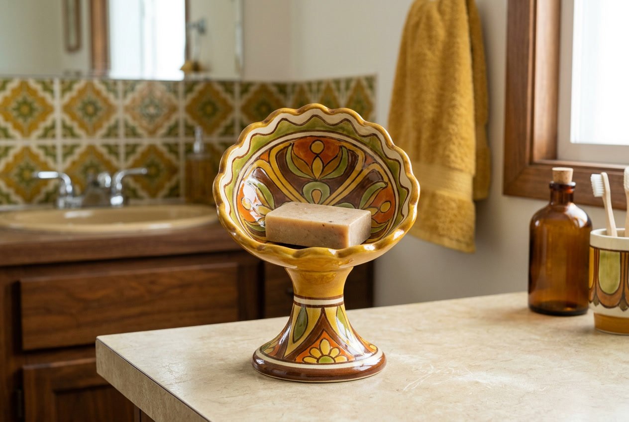 A freestanding pedestal soap dish with a scalloped edge on a bathroom countertop.