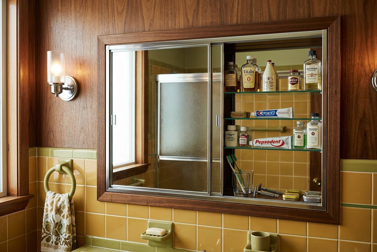 Integrated medicine cabinet with mirrored sliding doors in a bathroom with wood paneling and colorful tiles.