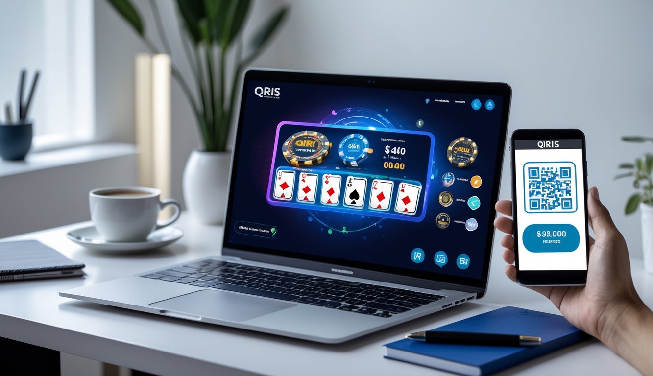 Seorang pria duduk di depan laptop yang menampilkan permainan poker online, dengan ponsel di tangan yang menunjukkan kode QR untuk pembayaran digital.