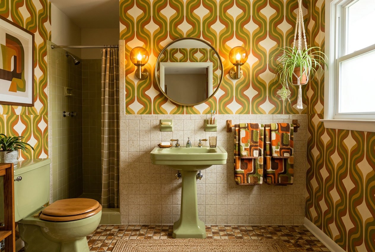 A bathroom with olive and rust geometric patterned wallpaper, a pedestal sink, round mirror, and retro lighting.