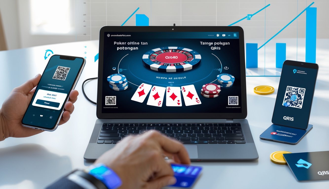 Seseorang bermain poker online menggunakan laptop dengan tampilan kartu dan chip, serta memegang ponsel yang menampilkan kode QR untuk pembayaran QRIS.