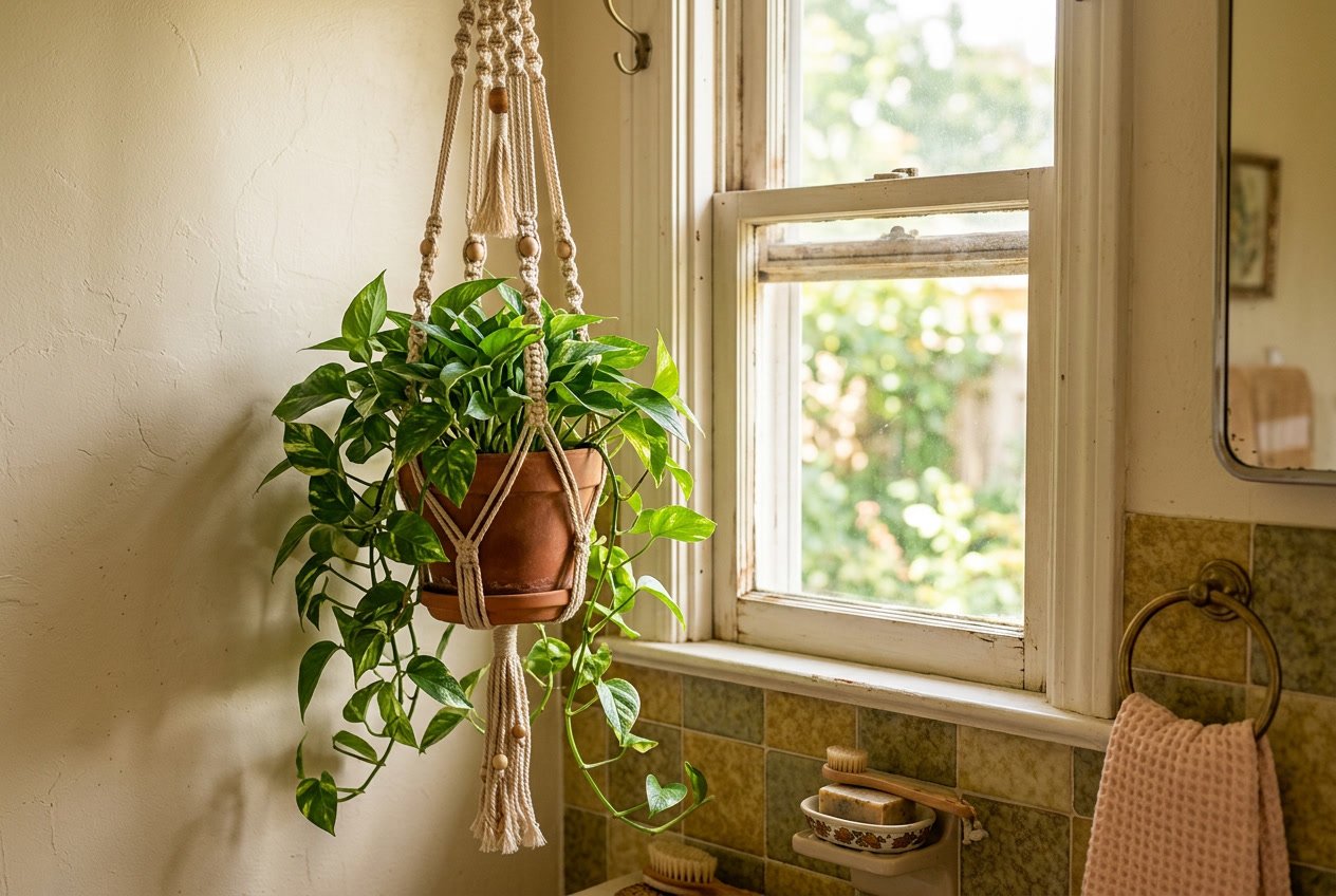 A macramé hanging plant holder with a green potted plant near a window in a bathroom setting.