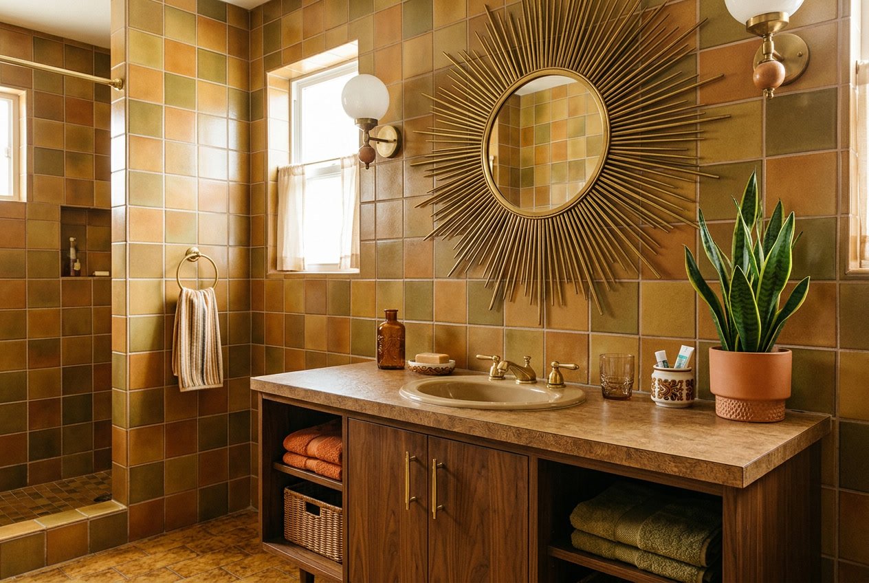 A bathroom vanity with a sunburst clock or starburst mirror hanging above it, surrounded by retro decor and warm lighting.
