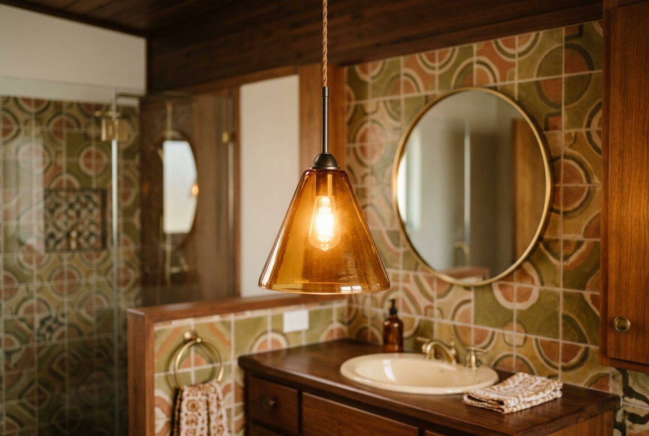 A cone-shaped amber glass pendant light hanging in a bathroom with patterned tiles and wood accents in the background.
