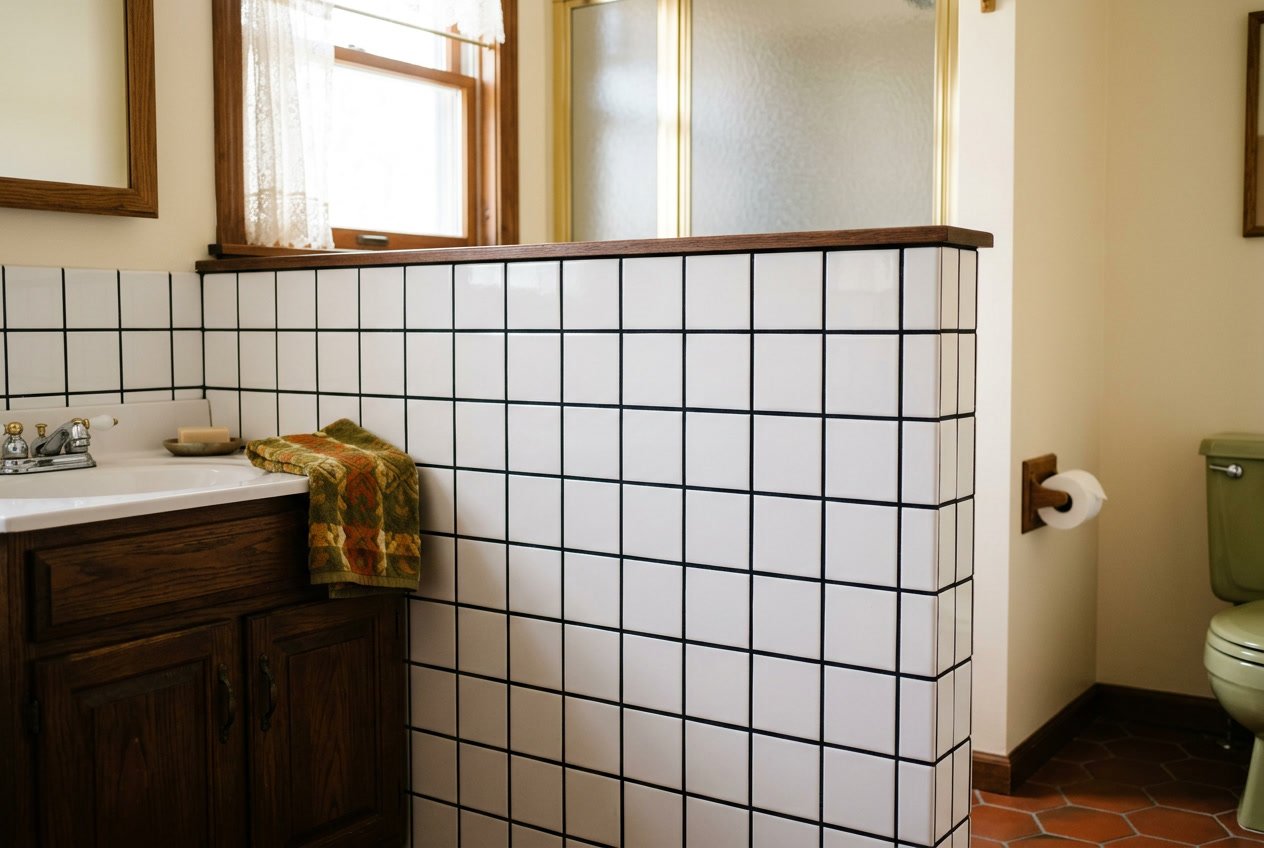 Close-up of a bathroom half-wall covered with white tiles and black grout lines.