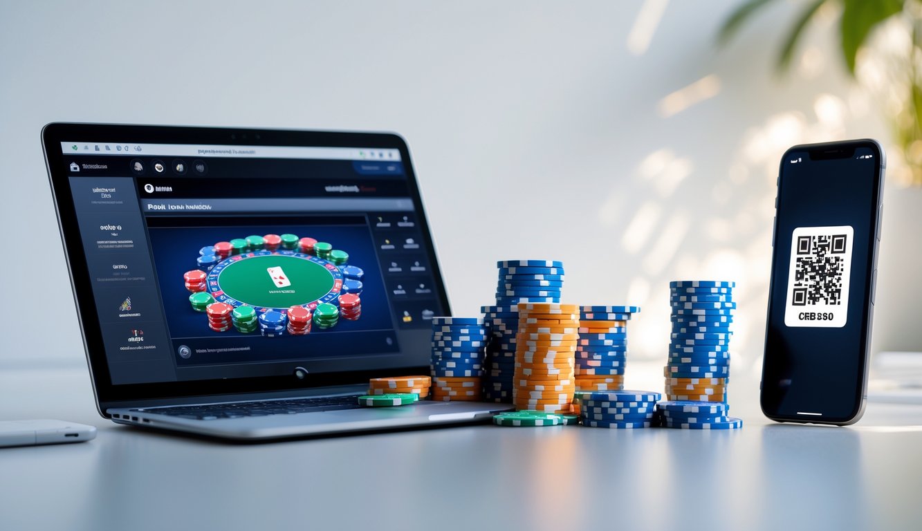 Seorang pengguna bermain poker online di laptop dengan chip poker dan ponsel yang menampilkan kode QR di meja kerja yang rapi.