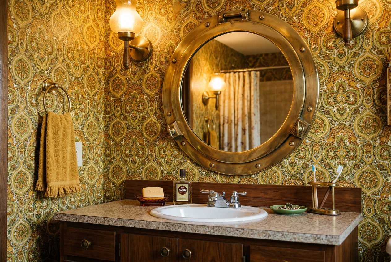 Round porthole mirror with brass trim mounted on a bathroom wall, reflecting warm light and surrounded by vintage bathroom decor.
