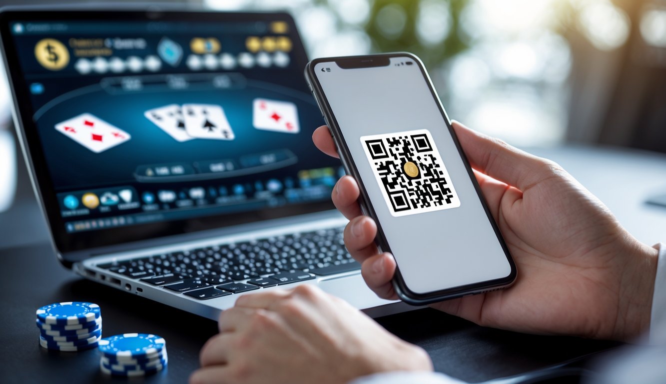 Seseorang menggunakan ponsel untuk memindai kode QR di depan layar perangkat yang menampilkan permainan poker online.