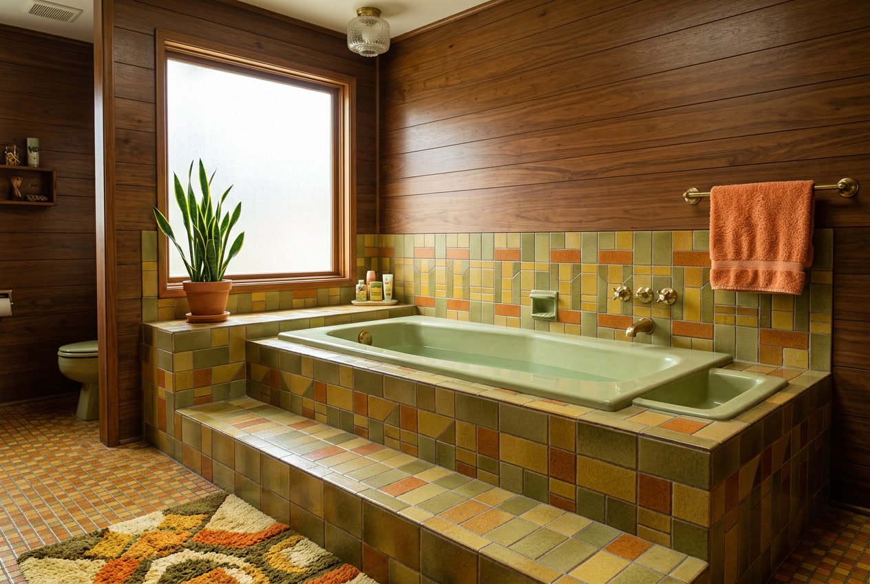 A raised platform bathtub with a built-in seat in a bathroom, surrounded by tiled walls and a window letting in natural light.