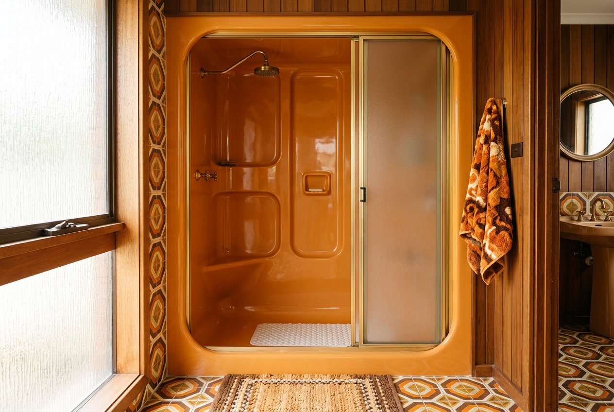 A bright orange molded acrylic shower stall inside a vintage bathroom with patterned floor tiles and wood-paneled walls.