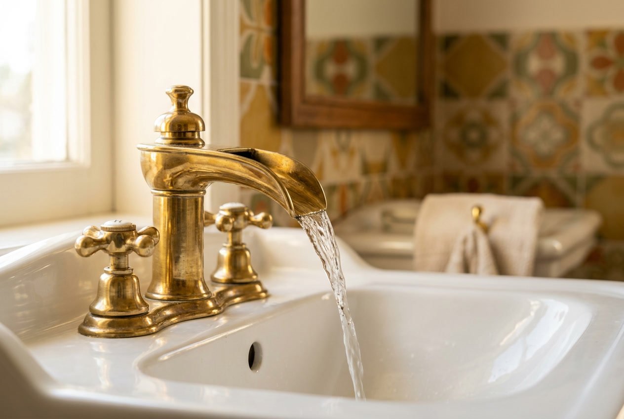 Close-up of a brass waterfall sink faucet with cross handles mounted on a white bathroom sink.