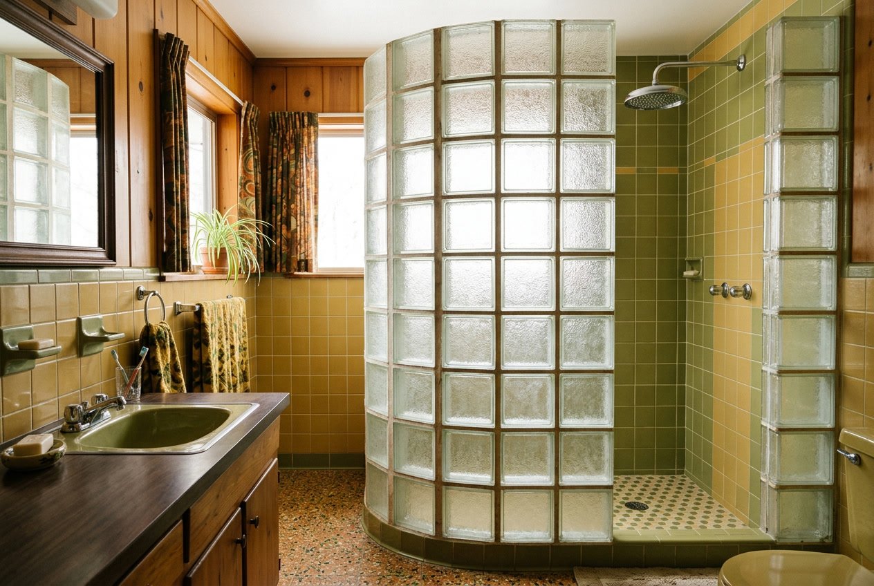 A bathroom interior with a frosted glass block shower wall and retro style fixtures.