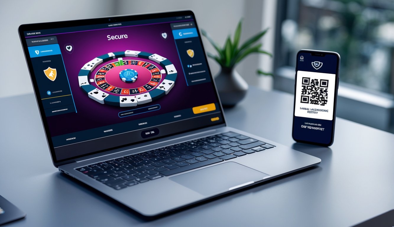 Seorang pengguna bermain poker online di laptop dengan ponsel yang menampilkan kode QR untuk deposit instan.